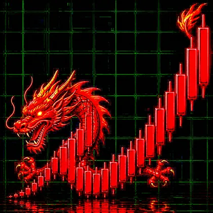 A red dragon whose body is a rising candlestick chart