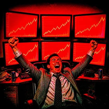 A trader celebrating in front of six red screens