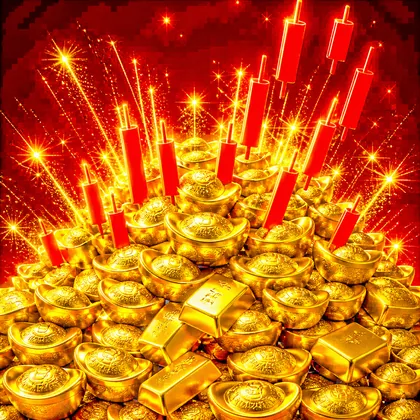 Gold ingots with red candlesticks shooting out