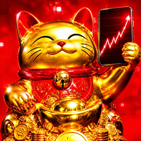 A gold lucky cat holding a phone with a red chart